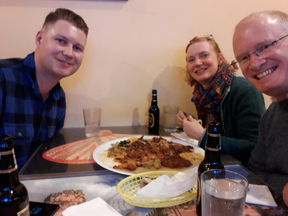 David, Clare, James, eating Ethiopian in Washington USA & Canada Visit - week 2b
